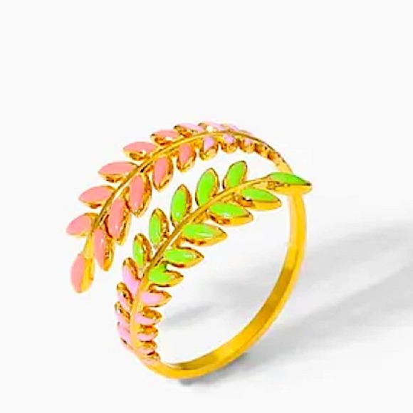 Gold Plated Leaf Design Multicolor Bangle Bracelet Ring Set - Picture 9 of 15
